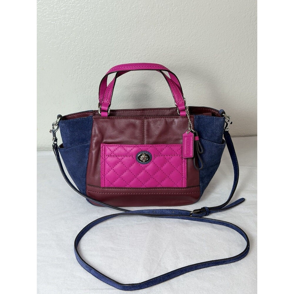 COACH Leather Suede Satchel Crossbody Bag Burgundy Pink Blue NWOT